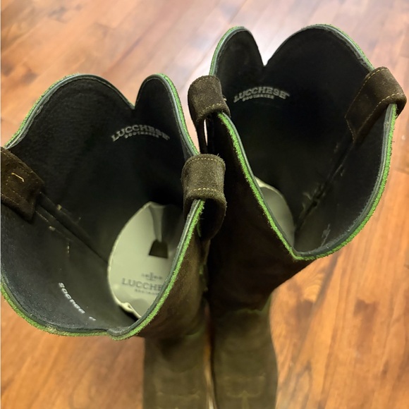 Lucchese Dark Brown Suede Edie boots with Green Stitching - Picture 8 of 11